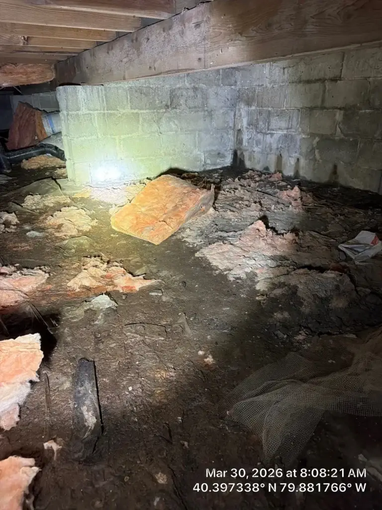Crawl space debris and damp soil before repair in West Mifflin, PA