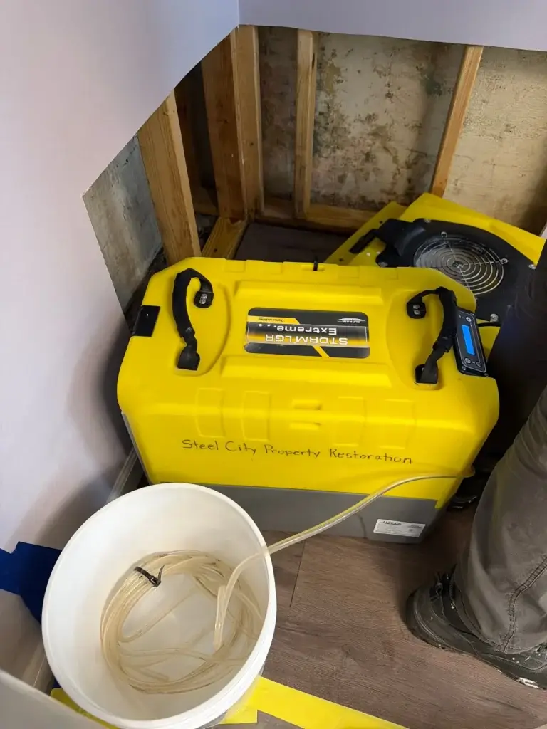 Dehumidifiers drying out a room after water damage in Munhall, PA