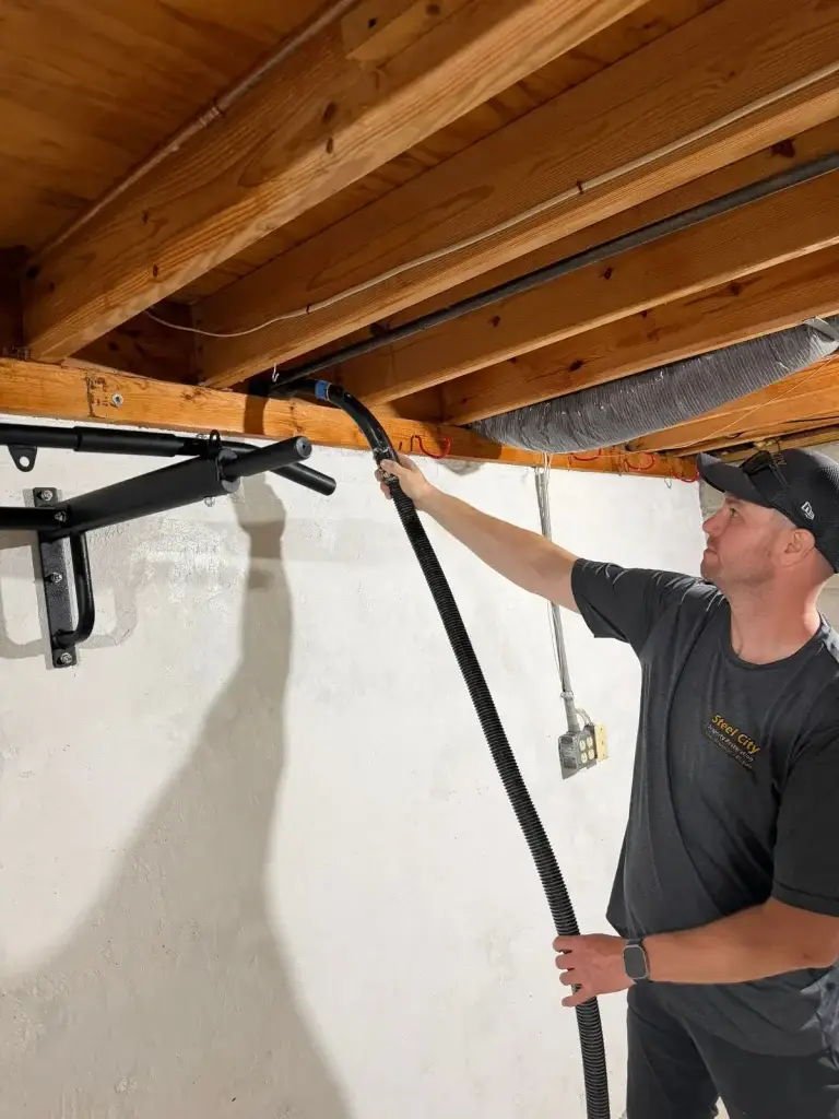 Crew HEPA vacuuming basement ceiling joists in Baden, PA