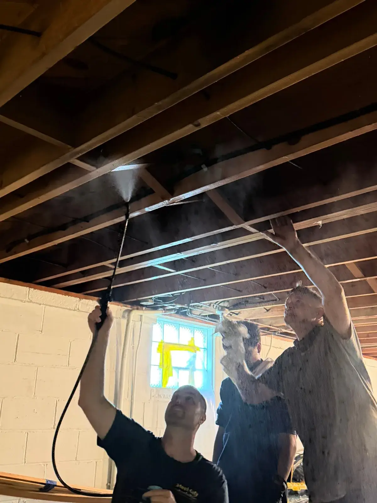 Steel City Property Restoration crew treating mold on basement ceiling joists in Greensburg, PA