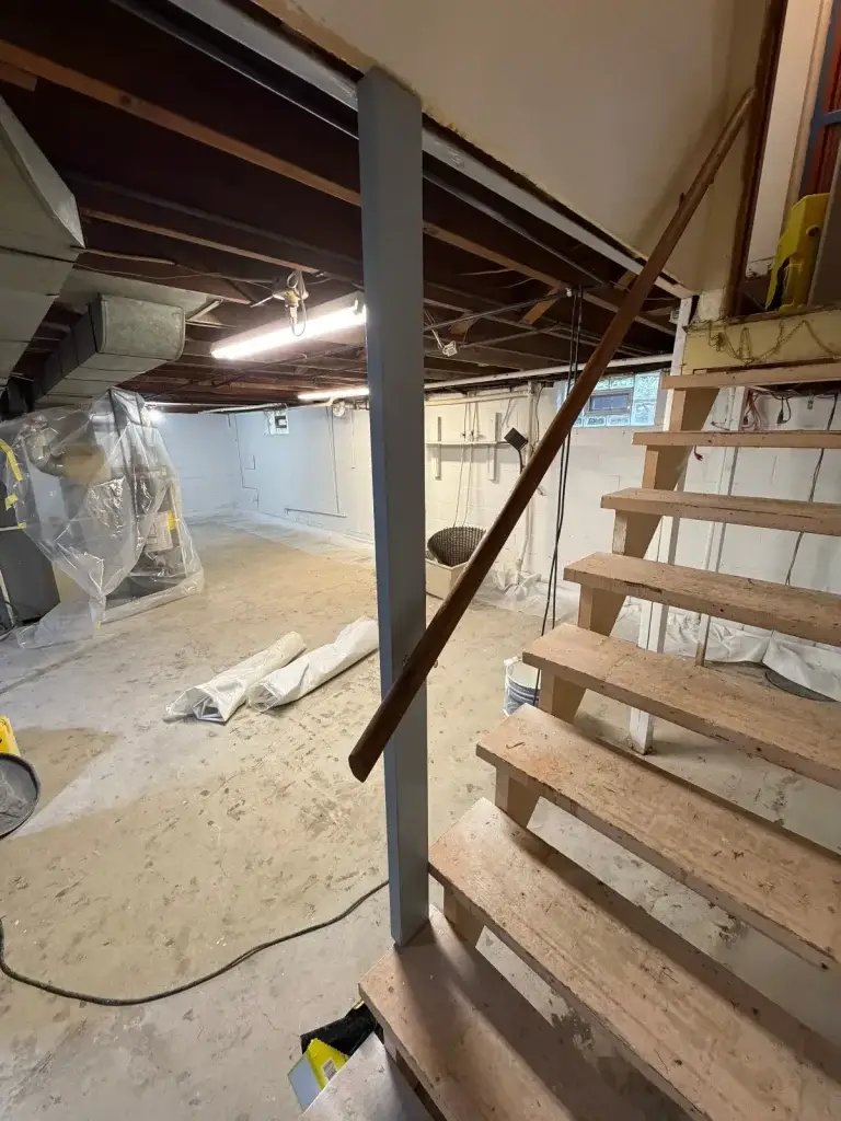 New basement stairs after remediation in Leechburg, PA