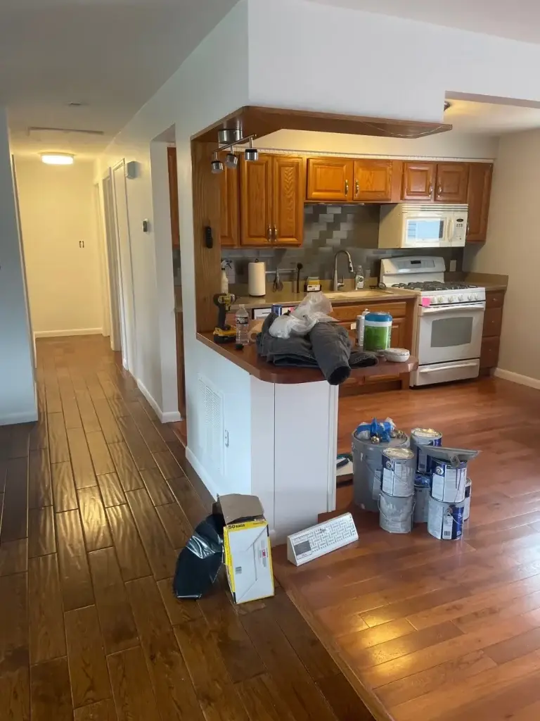 Kitchen and living area after renovation in Pittsburgh, PA